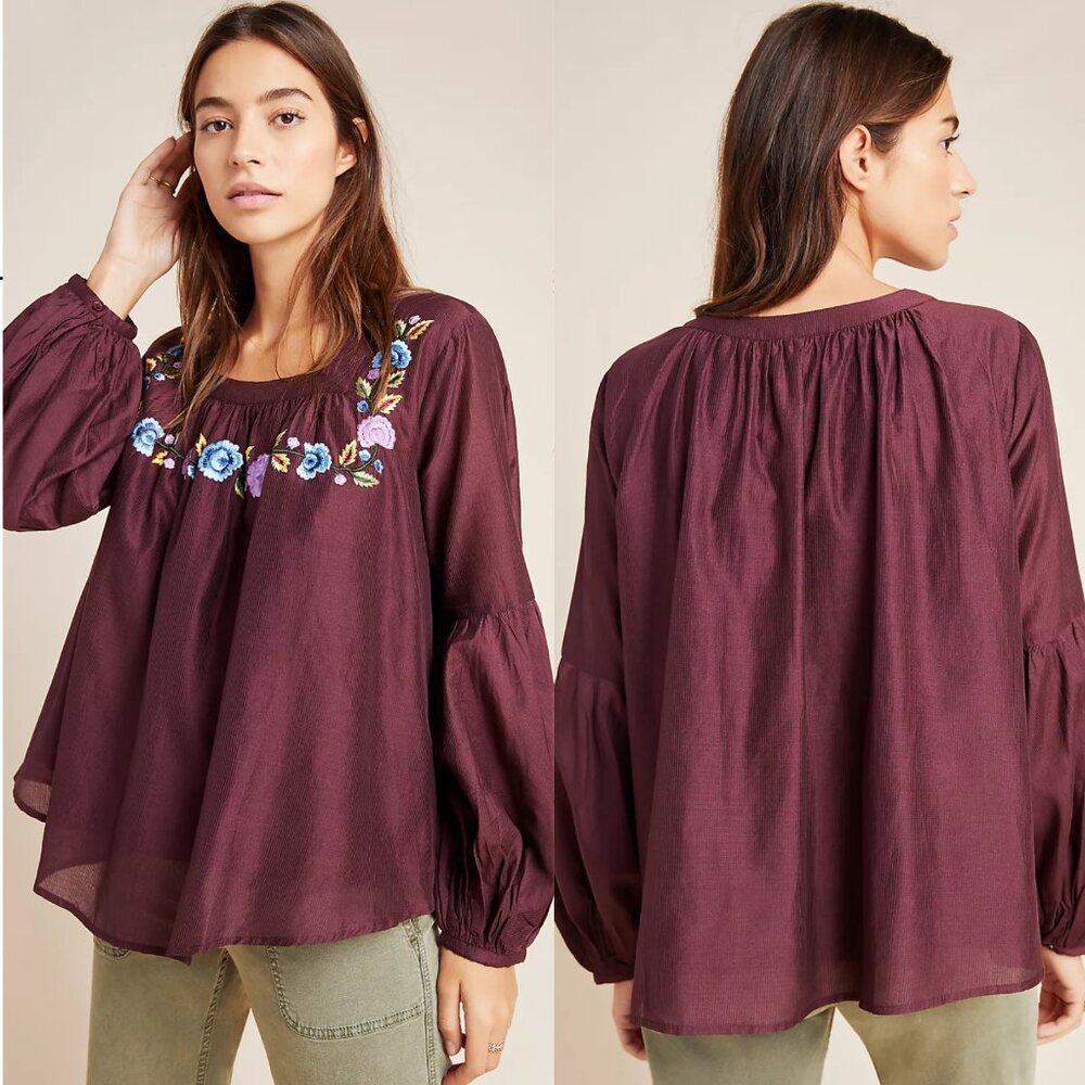 SAMANT CHAUHAN Anthropologie Helia Embroidered Swing Blouse Size M